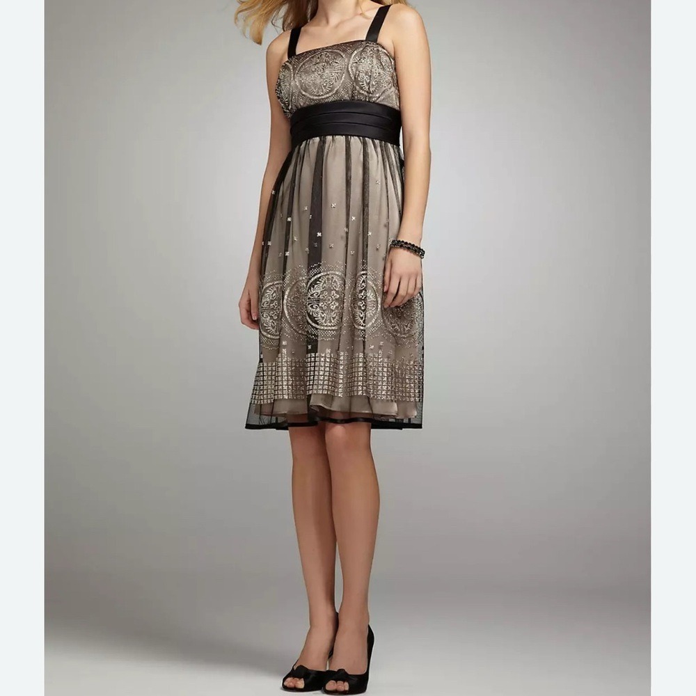 Formal Dress Sz 8 Gold Black Lace Cocktail Midi Diamond Shimmer Chiffon Babydoll